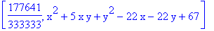 [177641/333333, x^2+5*x*y+y^2-22*x-22*y+67]